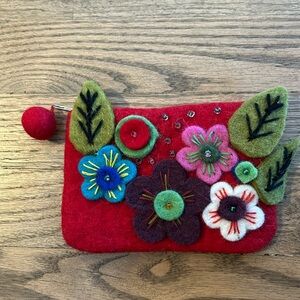Red Felted with Flower Applique Small Zip Purse